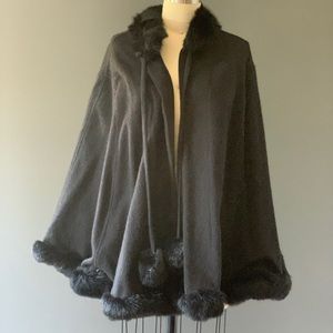 Black Wool Real Rabbit Fur-Lined Poncho / Cape